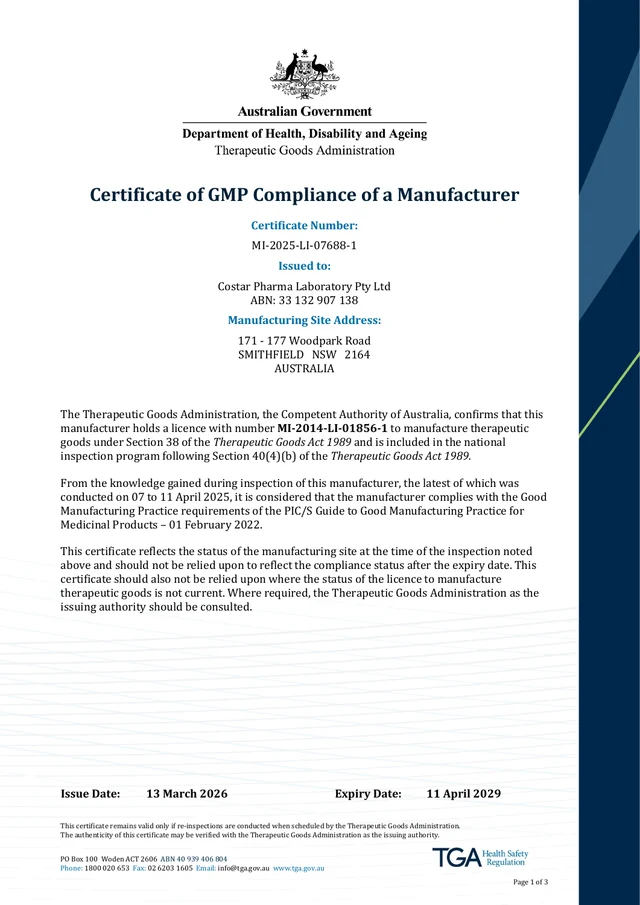 Costar Pharma GMP certificate, issued 13 March 2026
