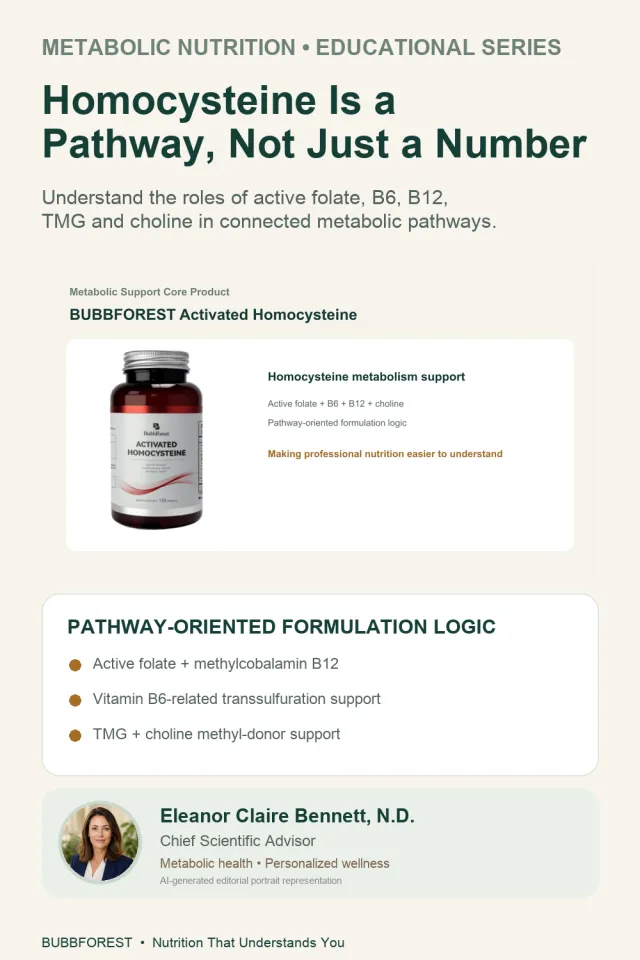 AI-assisted BubbForest educational infographic about folate, vitamin B12, and metabolic pathways.
