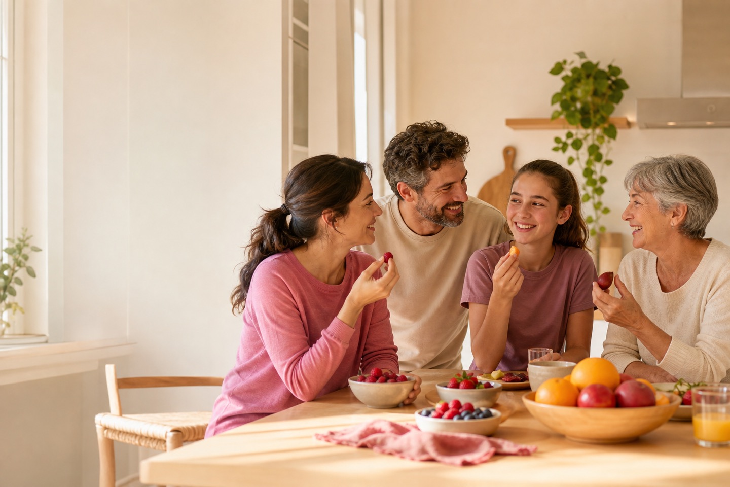 A family sharing a bright morning together