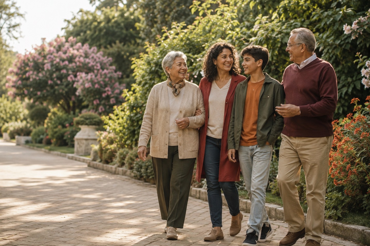 A multigenerational family walking together in a garden