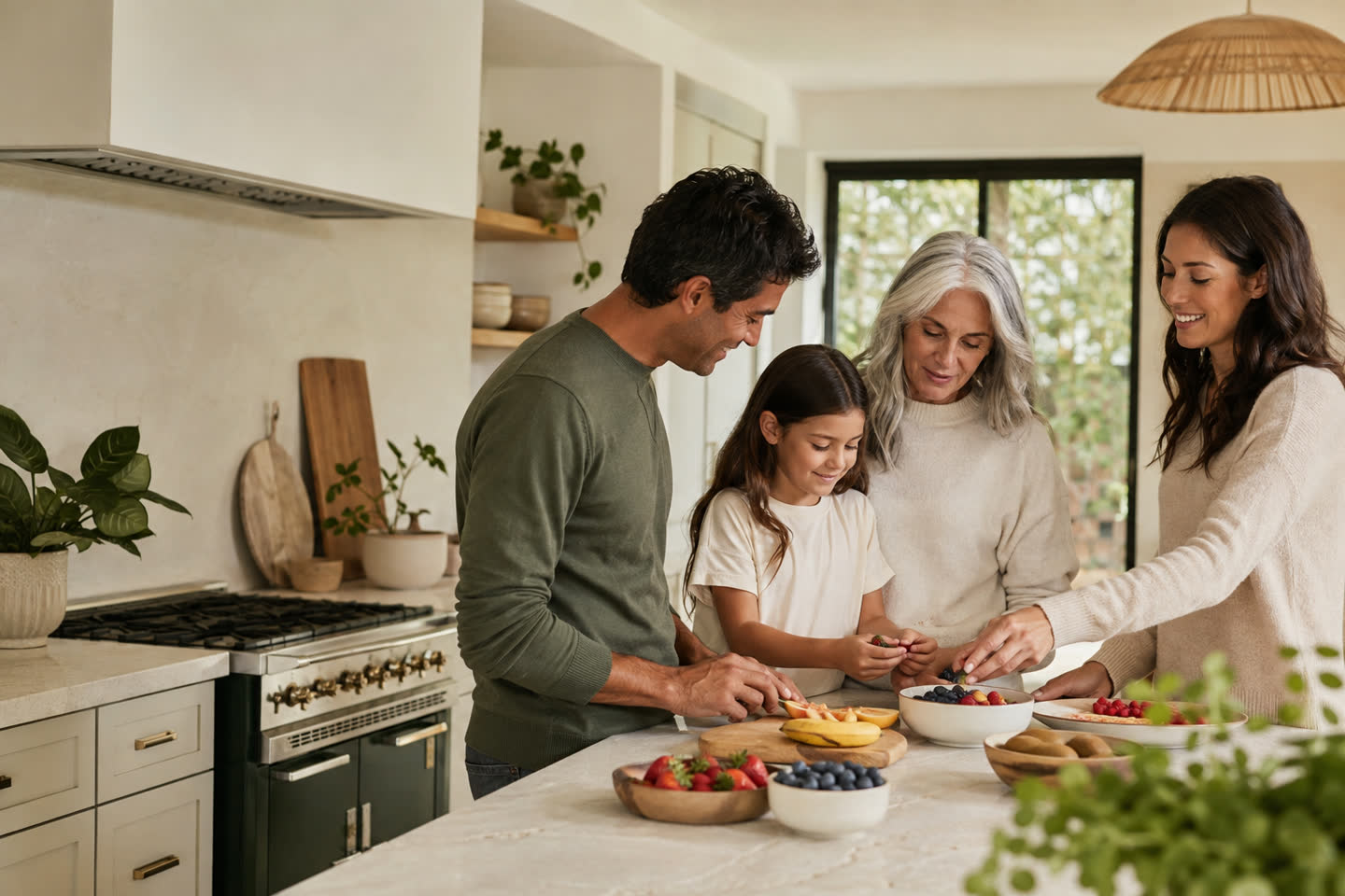A multigenerational family preparing a colorful breakfast together