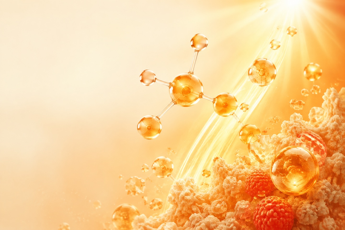 Warm sunlight, amber spheres and an abstract calcifediol-inspired molecule