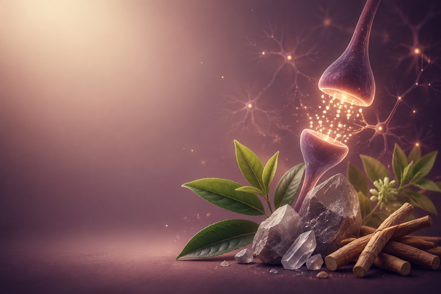 An abstract neural synapse with tea leaves, mineral crystals and ashwagandha root
