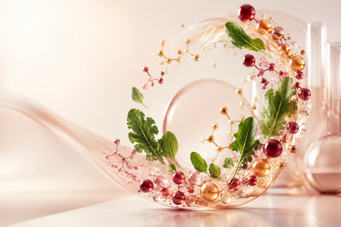 Leafy greens and abstract nutrient molecules in a circular composition